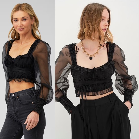 NEW LOVE & LEMONS Organza Puff Long Sleeve Ruffle Sweetheart Neck Crop Top XS - Picture 7 of 16